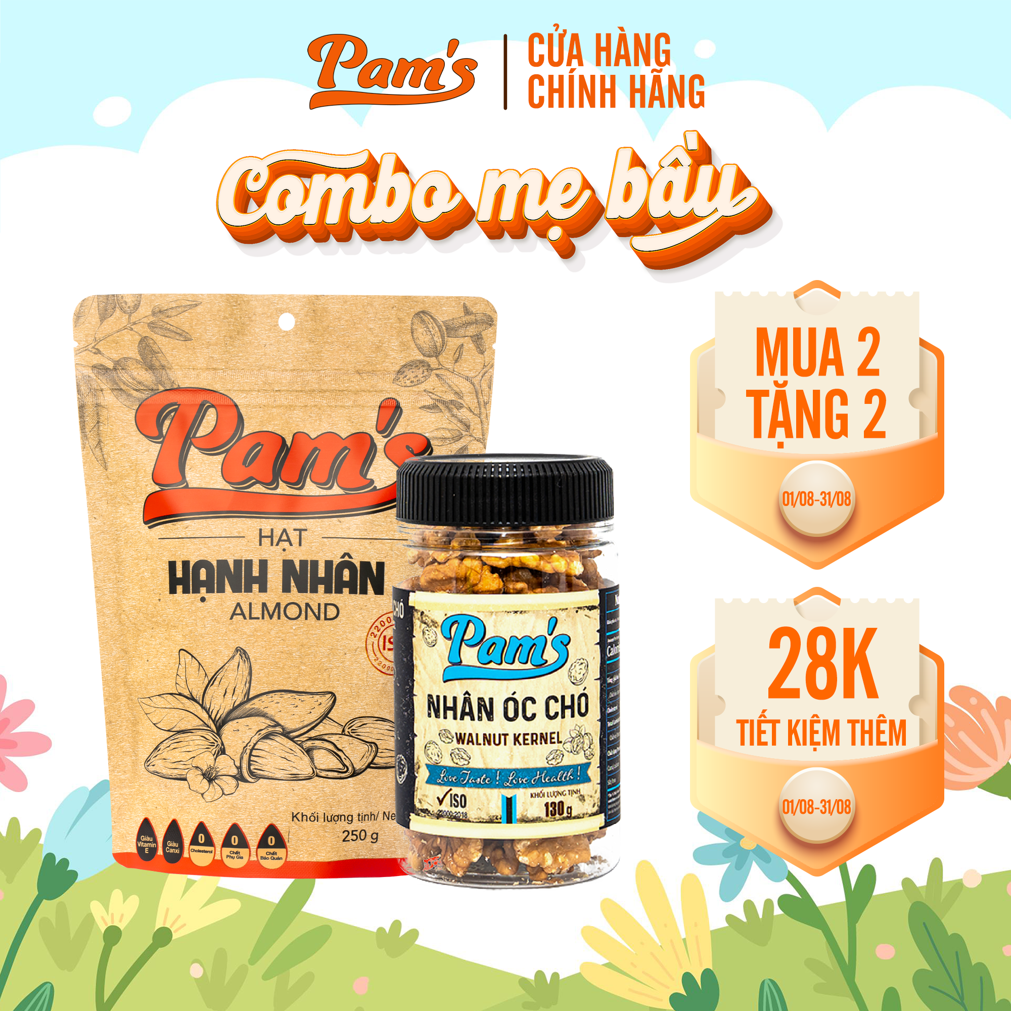 Combo Mẹ Bầu - Hạnh Nhân Mỹ + Nhân Óc Chó Chile Pam's - Rang Chín Béo Bùi, Ngọt Ngào