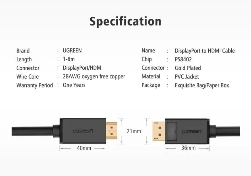 Ugreen UG10238DP101TK 1M Màu Đen Cáp chuyển đổi Displayport sang HDMI thuần đồng - HÀNG CHÍNH HÃNG