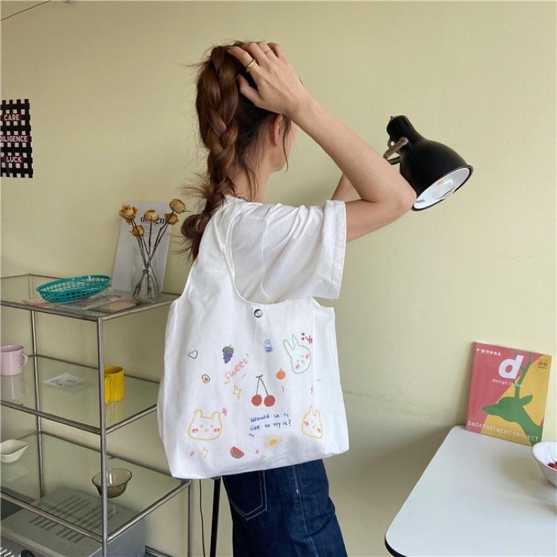 Túi Tote Túi Vải Canvas đeo vai Hình Chibi Mini phong cách Hàn Quốc có ngăn phụ và nút bấm