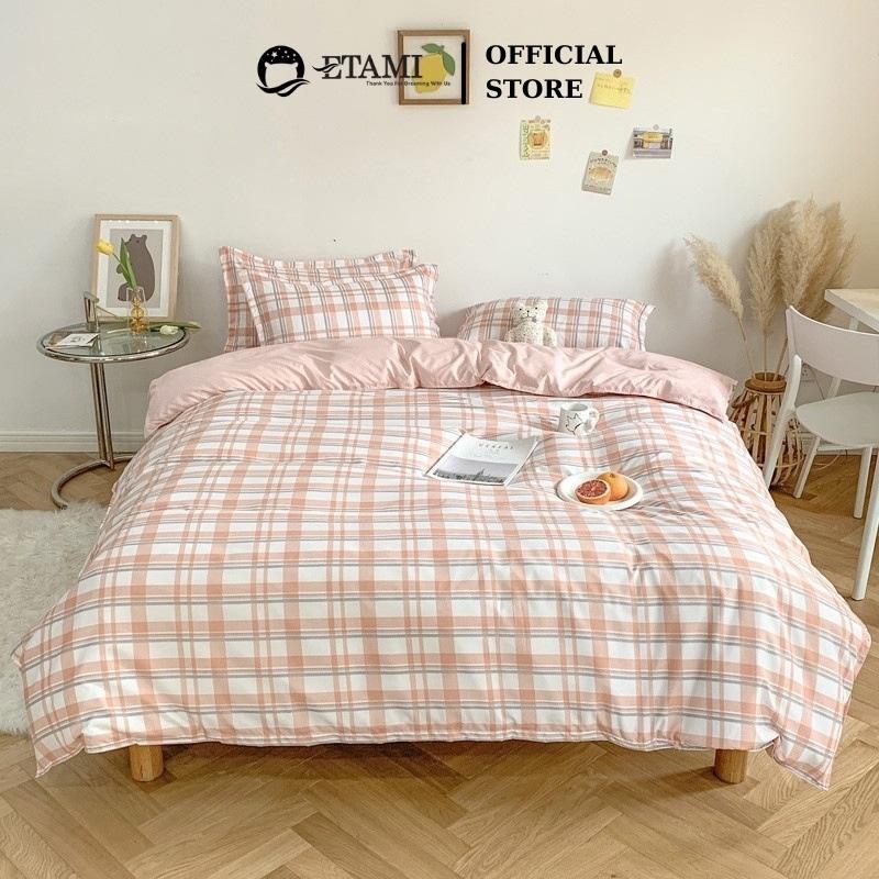Bộ chăn ga gối đệm cao cấp cotton poly kẻ cam cute miễn phí bo chun drap giường ga trải giường P10
