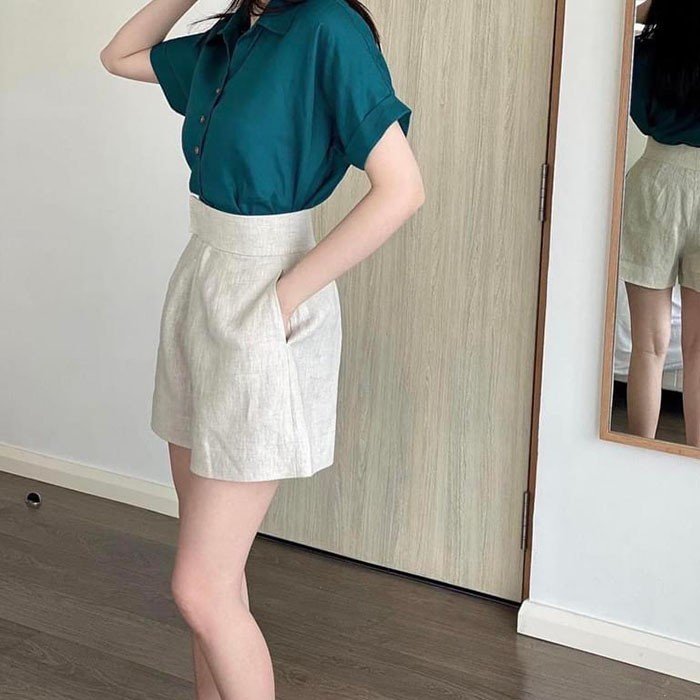 Quần sóc nữ Linen Premium cạp cao ống rộng dáng váy trẻ trung ArcticHunter, có 3 màu lựa chọn (Đen, trắng, muối tiêu)