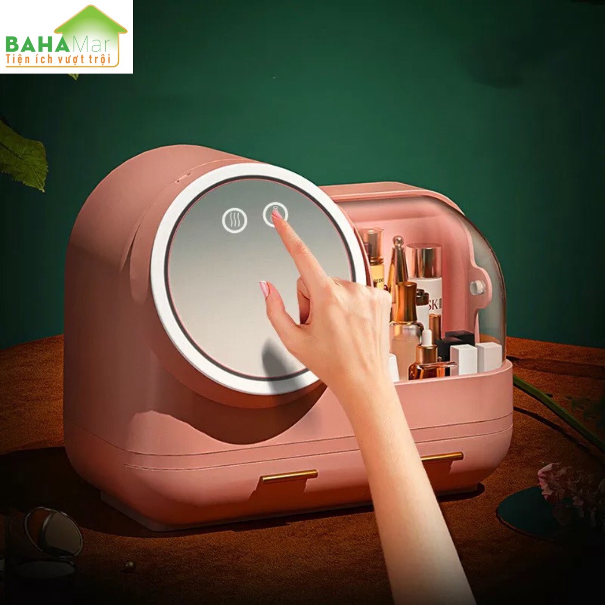 HỘP ĐỰNG MỸ PHẨM CÓ GƯƠNG TRANG ĐIỂM ĐÈN LED QUẠT BAHAMAR có quạt thổi khô lớp trang điểm thiết kế tay cầm dễ dàng xách di chuyển hộp chống bụi v