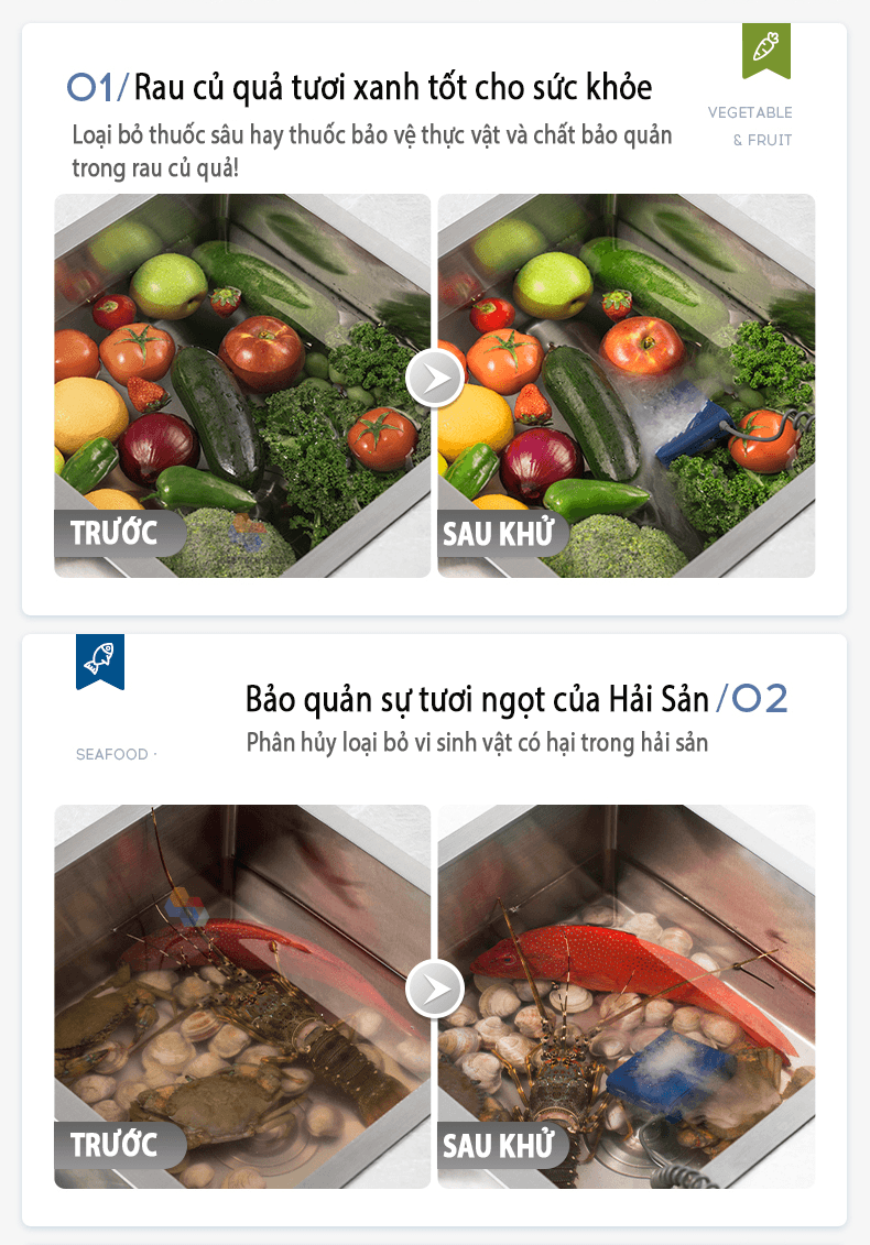 Máy Khử Khuẩn Thực Phẩm Morphy Richards MR2061 Khử Trùng Rau Củ Quả, Thịt Cá Hải Sản, Sục Ozone Rửa Thực Phẩm 2 in 1, Hàng Chính Hãng