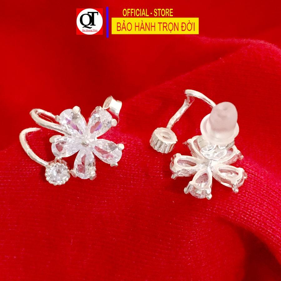 Khuyên tai nụ hoa Mai gắn đá giọt màu trắng chất liệu bạc ta khóa chốt đeo sát tai trang sức Bạc Quang Thản - QTBT142