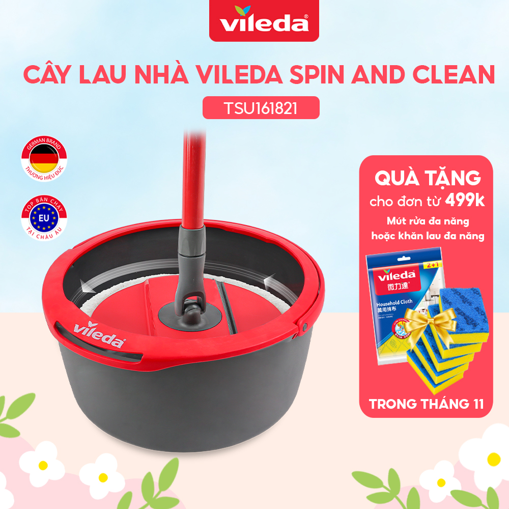 Cây lau nhà Vileda dạng đĩa tròn, công nghệ sợi microfiber sạch sâu, kèm xô giặt xoay 360 độ, model Spin&Clean