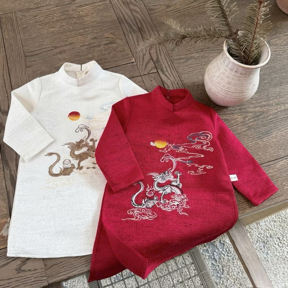 Set Quần Áo Dài Cách Tân Họa Tiết Vân Long 1-8 Tuổi Dành Cho Bé Trai