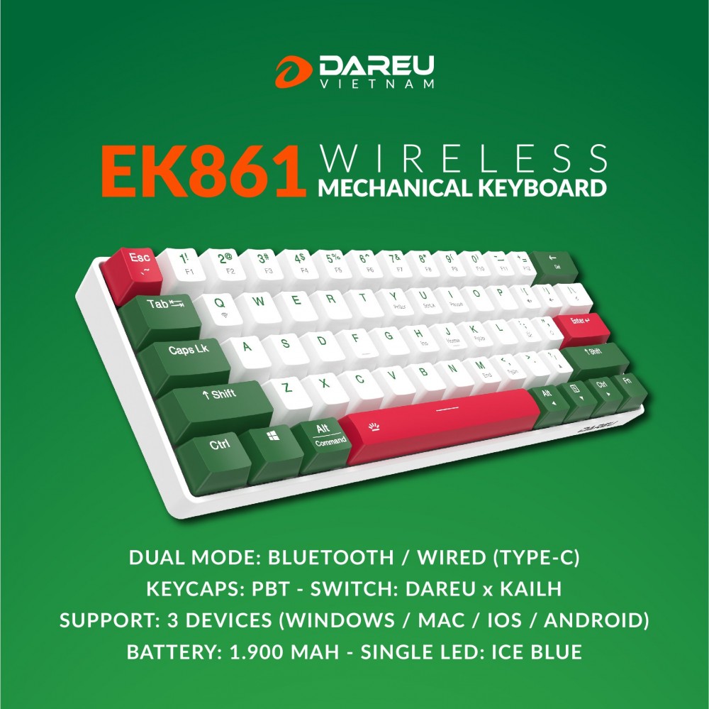 Bàn phím cơ không dây DAREU EK861 61KEY (PBT, Blue/ Brown/ Red D-KAILH switch) - Hàng chính hãng