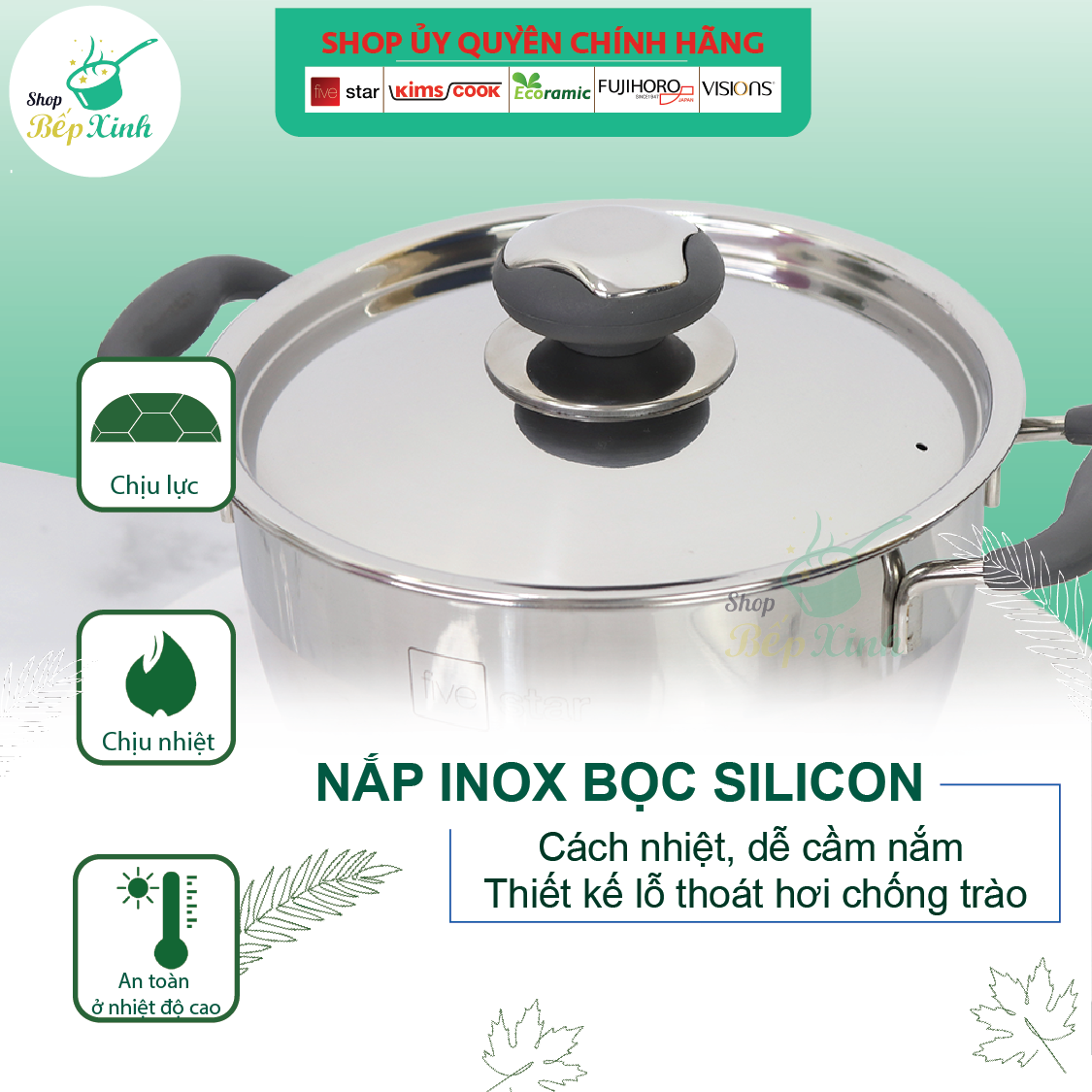 Nồi Inox Quai Silicone Thân Cool 3 Đáy 20cm Fivestar N20-3DC - Hàng Chính Hãng