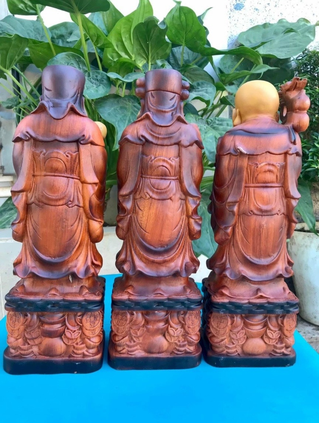Bộ tượng phật tam đa phúc lộc thọ bằng gỗ hương đá pu giả cổ kt cao 30×11×9cm