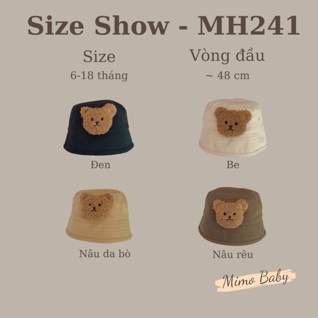 Mũ bucket trơn đính gấu bông xù đáng yêu cho bé MH241 Mimo Baby
