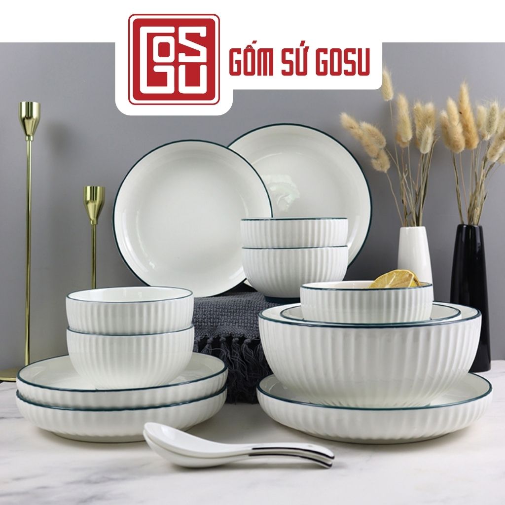 Bộ bát đĩa gốm sứ Phương Đông trắng viền xanh sang trọng, chén dĩa decor trang nhã, tặng kèm bộ đũa gỗ