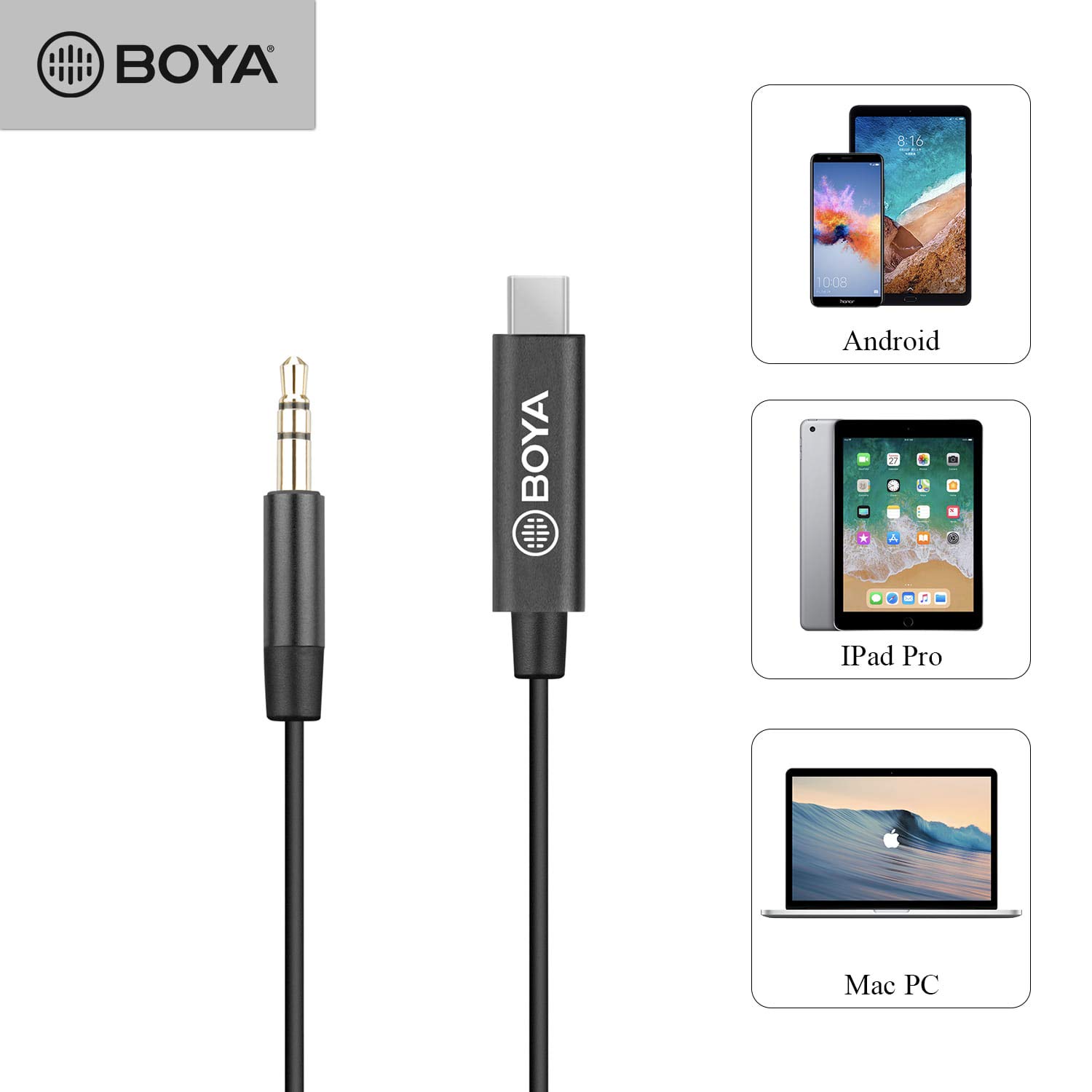 Cáp Chuyển Đổi Tín Hiệu Âm Thanh TRS 3.5mm (Male) To Type-C Boya BY-K2, Dùng Cho Thiết Bị Android Type-C, IPad Pro - hàng chính hãng