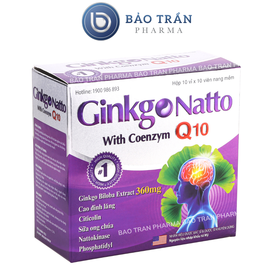 Hoạt huyết dưỡng não Ginkgo Natto Q10 giúp tăng cường trí nhớ hỗ trợ tuần hoàn não, Viên uống bổ não- Hộp 100 viên