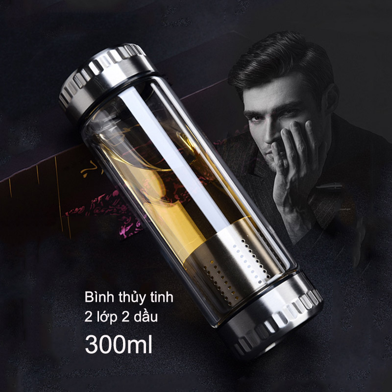 Bình thủy tinh 2 lớp 2 đầu cách nhiệt có bộ lọc pha trà nắp có gân chống trơn 300ml-420ml tùy chọn