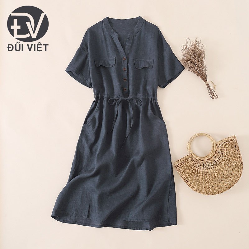 Đầm linen suông nữ cổ V, ngắn tay, túi ốp ngực kèm dây thắt eo, thời trang hè nữ Đũi Việt DV163