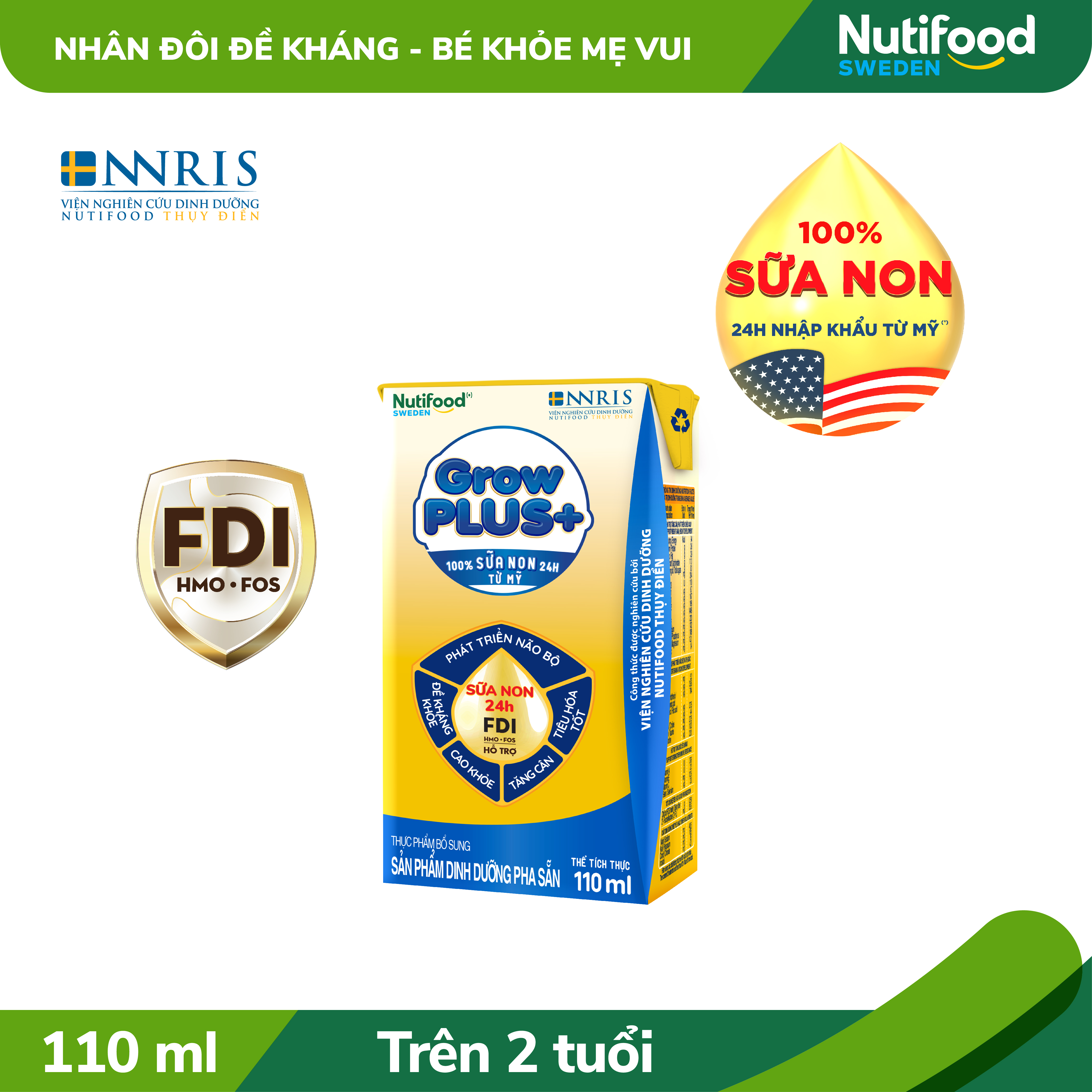Thùng sữa bột pha sẵn Nutifood GrowPLUS+ Sữa Non Tăng Đề Kháng 2+ (48 hộp x 110ml)
