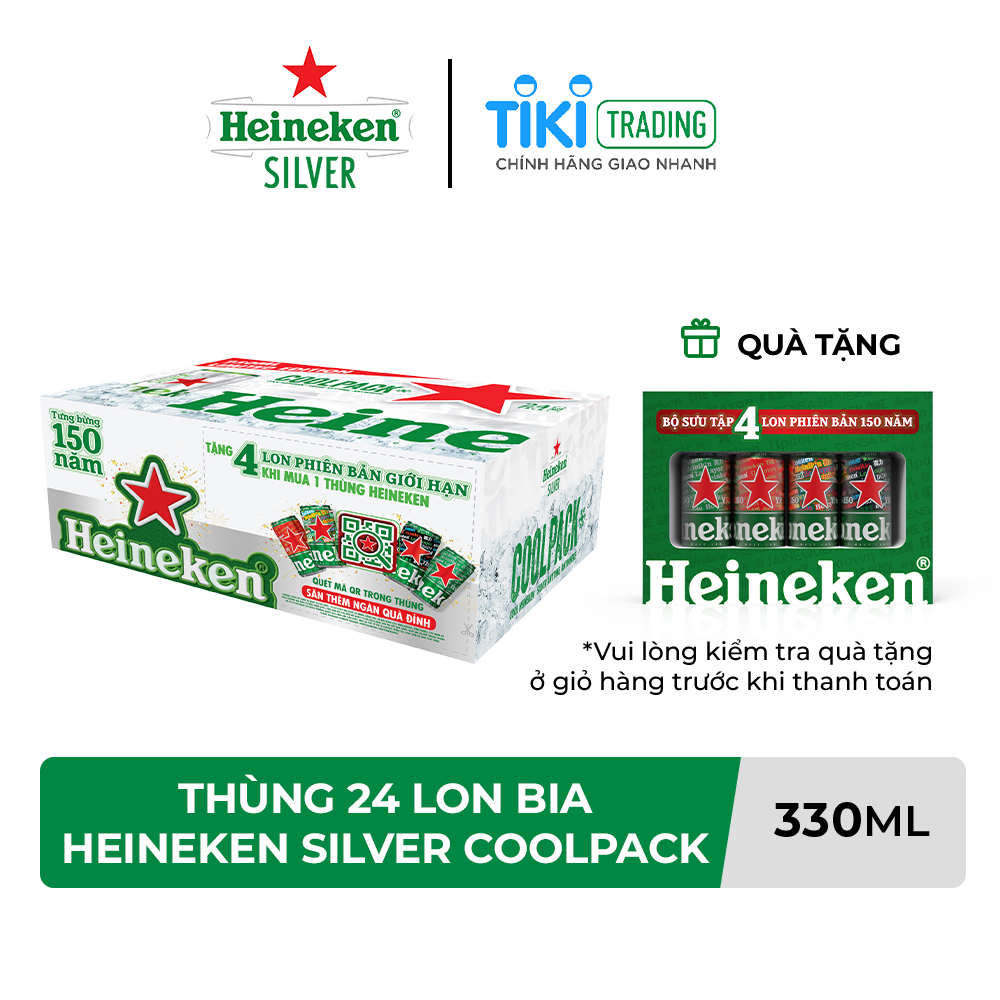 Thùng 24 Lon Bia Heineken Silver Coolpak 250ml/Lon kèm Lốc 4 Lon Heineken Phiên Bản Giới Hạn