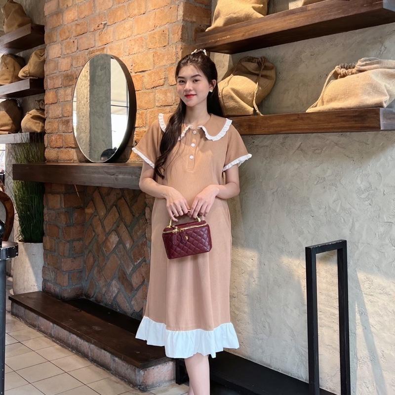 Đầm Bầu Polo Dáng Suông Cổ Sen Phối Viền Bèo Dễ Thương, Trẻ Trung Diện Mùa Hè - Đen