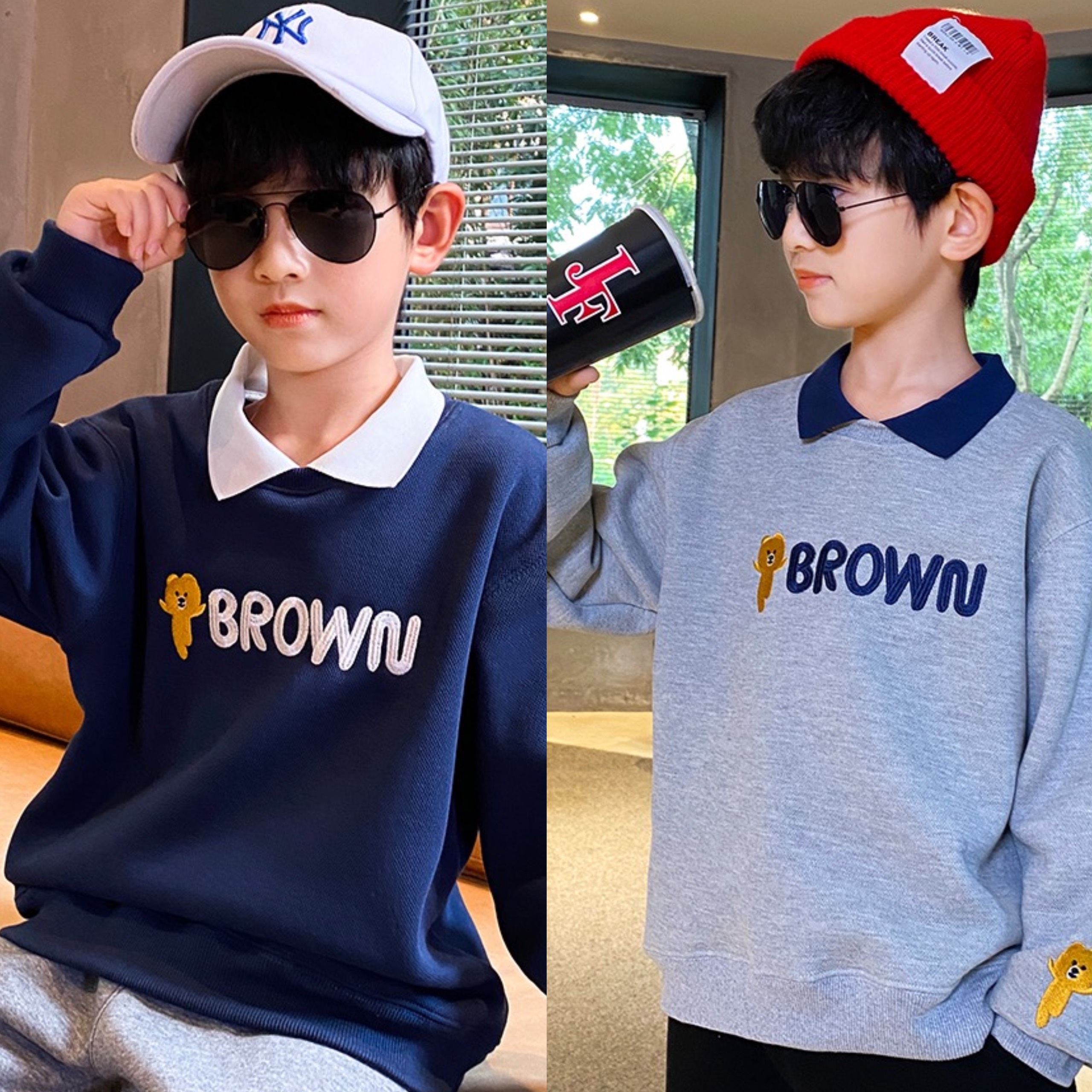 Áo thu đông bé trai, bé gái &quot;BROWN&quot; 14-45kg, Áo nỉ sweater ấm áp cho bé 4-15 tuổi. Vải da cá dày dặn. Hàng may kỹ. G48