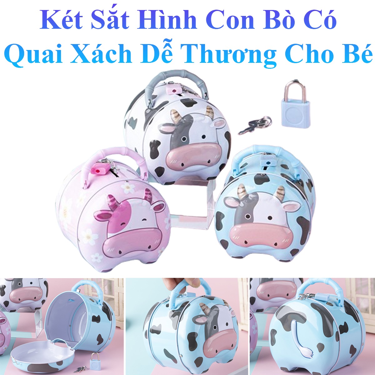 Két Sắt Hình Con Bò Có Quai Xách Siêu Dễ Thương Cho Bé Kèm Ổ Khóa Và 2 Chìa