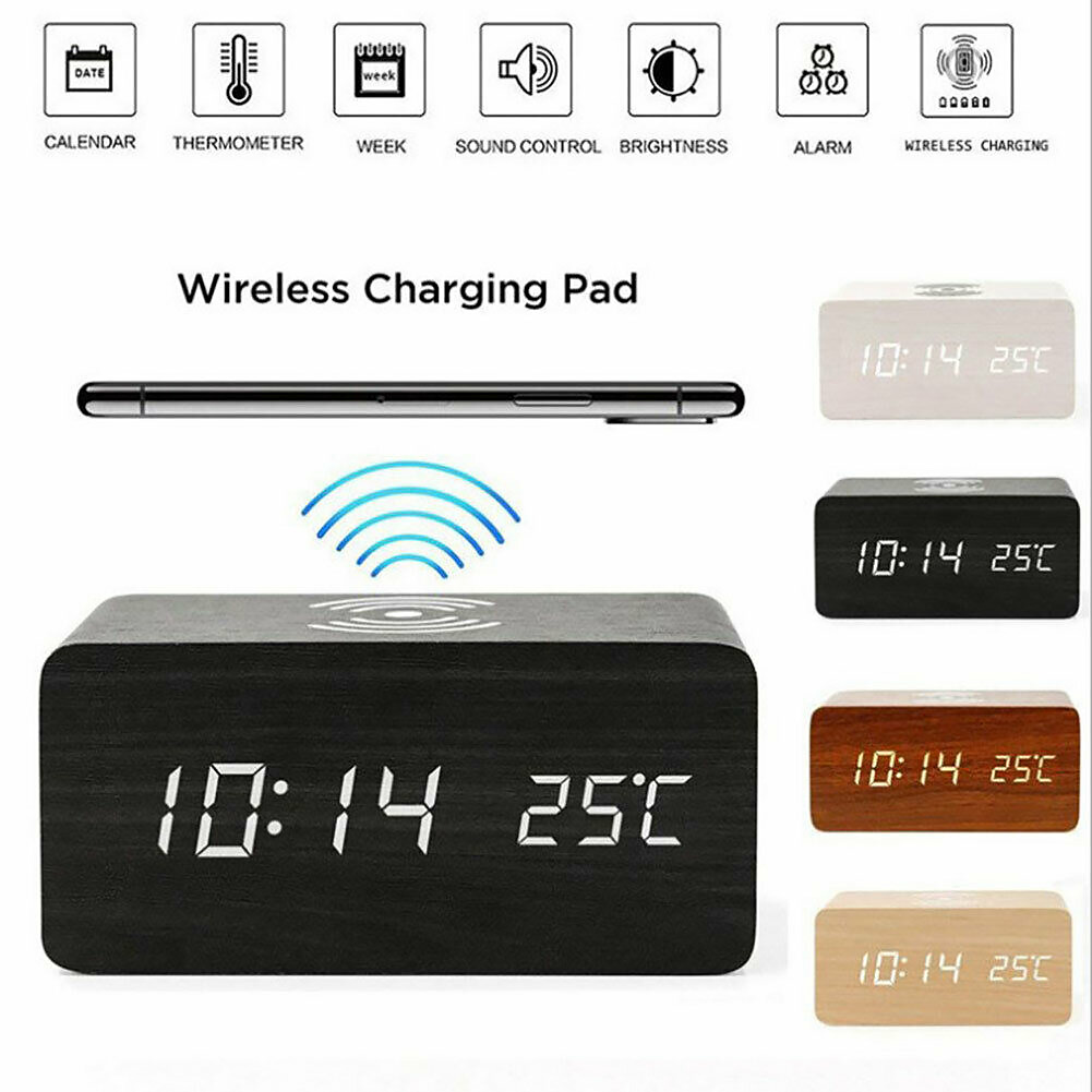 Đồng hồ LED để bàn giả gỗ CAO CẤP - Sạc không dây Qi wireless charger- Nhiệt kế - Báo thức - Cảm ứng âm thanh - Gỗ ĐEN led trắng