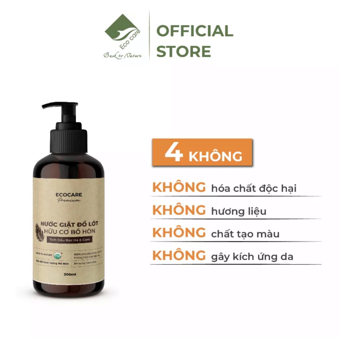 Nước giặt đồ lót hữu cơ cao cấp Bồ hòn Ecocare tinh dầu Bạc Hà & Cam - Chai 300ml