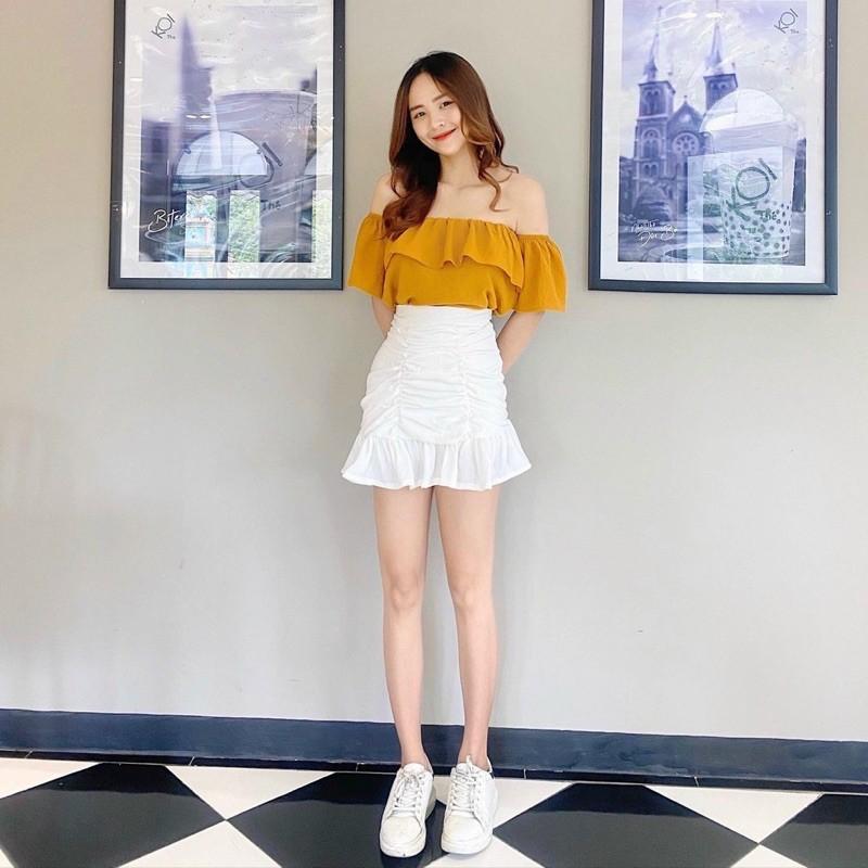 Áo croptop rớt vai voan tầng thời trang quyến rũ