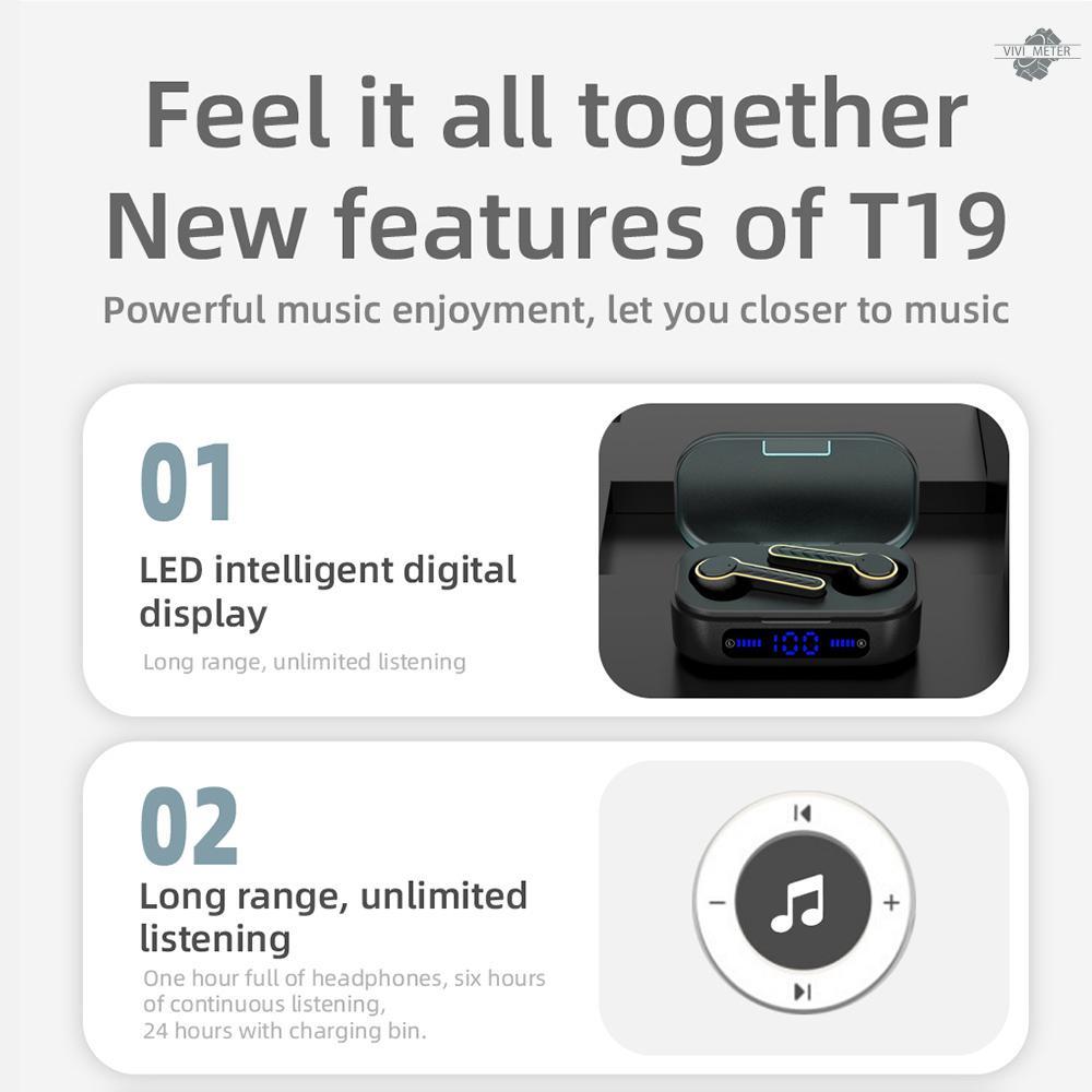 T19 Bluetooth V5.0 Headphones HiFi Stereo Headset Sport Wireless Earphones CVC8.0 Noise Cancelling LED Display Music Earbuds