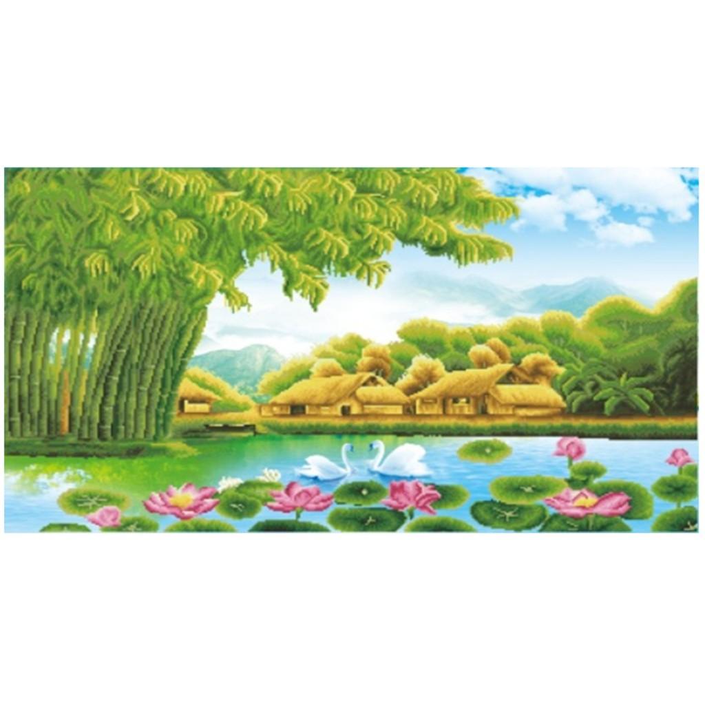 Tranh thêu chữ thập phong cảnh làng quê Việt -X8115