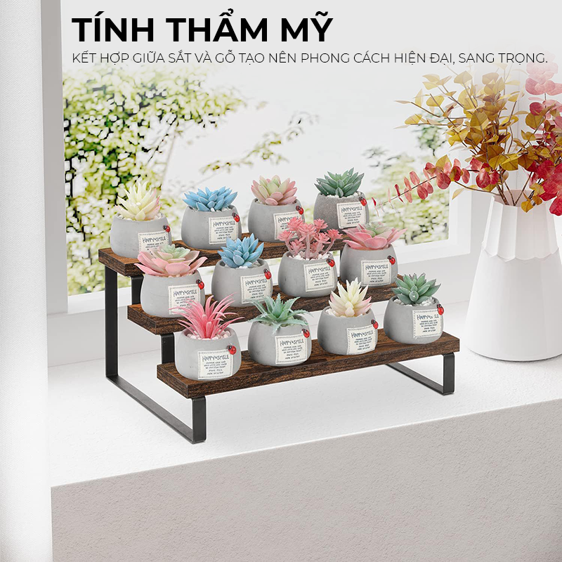 Kệ trưng bày 3 tầng để mỹ phẩm, nước hoa, để mô hình mini chất liệu khung sắt mặt gỗ chắc chắn thương hiệu IGA - GM214