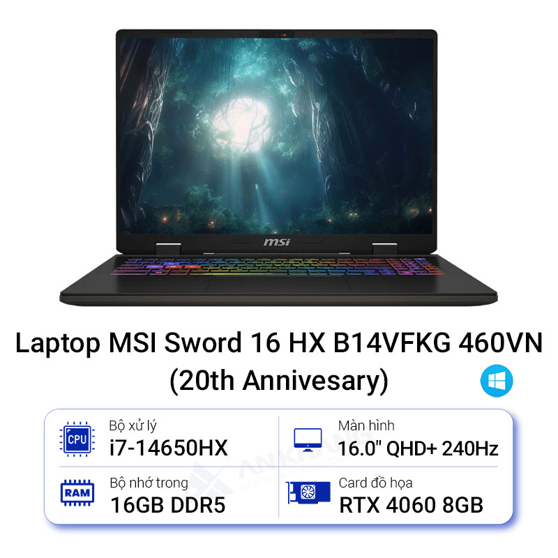 LAPTOP MSI SWORD 16 HX B14VFKG-460VN (I7-14650HX/1TB PCIE SSD/DDR5 8GB*2 /RTX 4060,GDDR6 8GB/16&quot; 16:10 QHD+ 240HZ /WIN11/MÀU XÁM) - HÀNG CHÍNH HÃNG