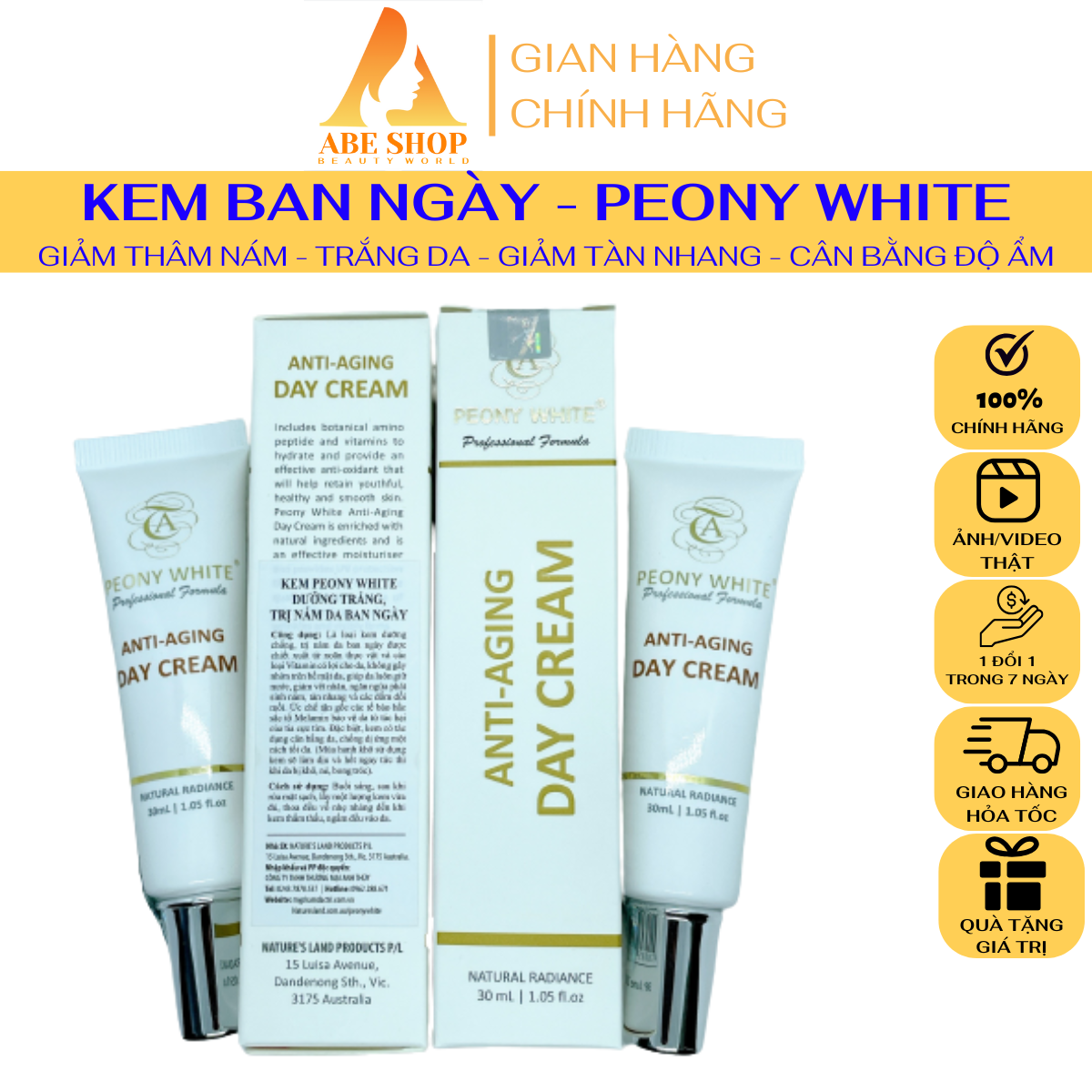 Kem PEONY WHITE DAY CREAM - Dưỡng Trắng - Xóa Thâm Nám - Giảm Tàn Nhang - Làm Đều Màu Da Ban Ngày 30ml