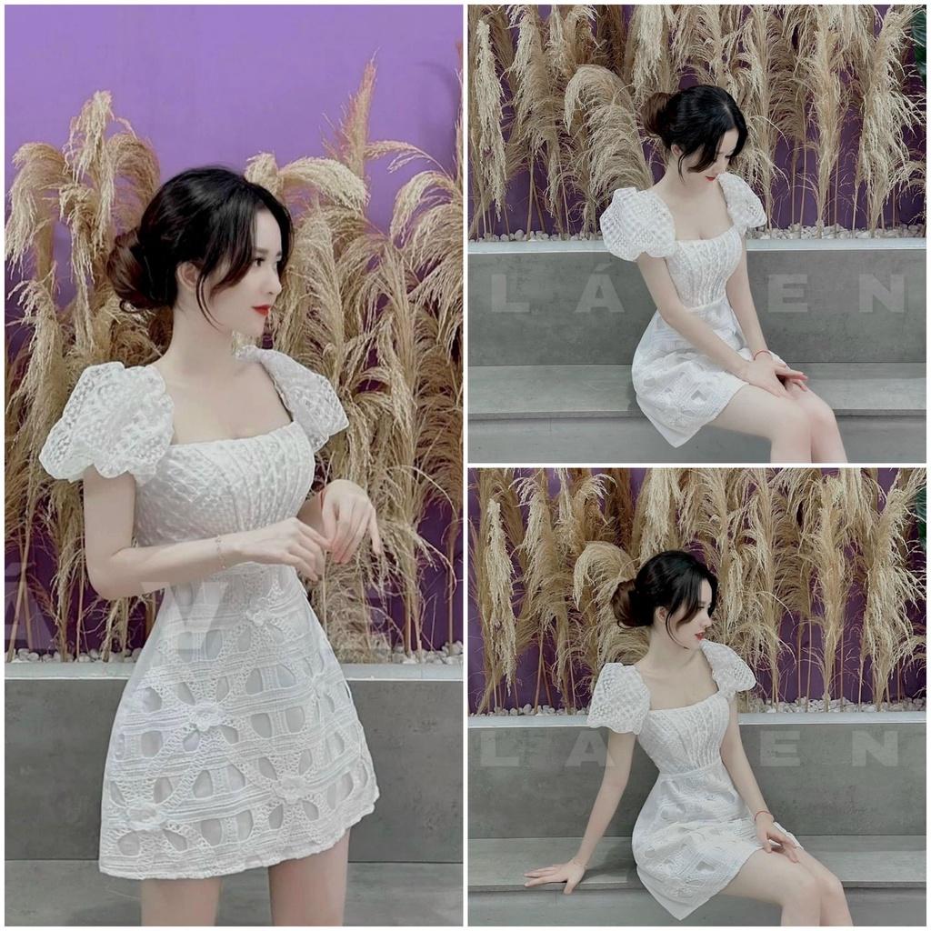 Đầm xoè cổ vuông thêu hoa tay phồng cao cấp