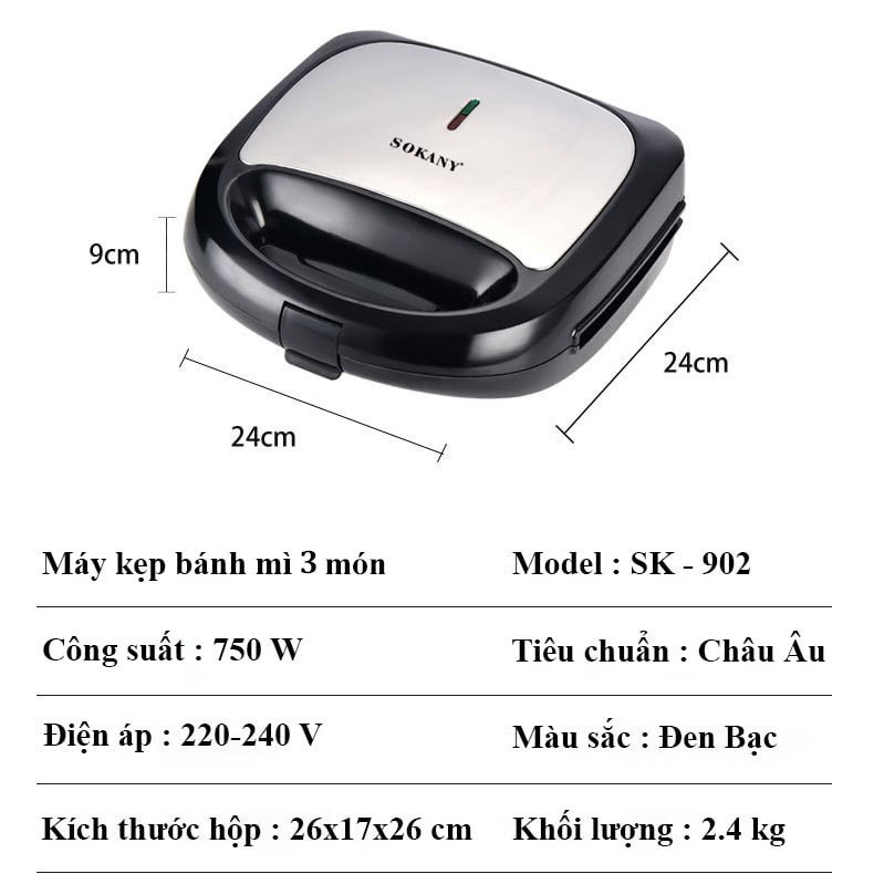 Máy nướng bánh mì, máy kẹp bánh mì sandwich đa ngăng SOKANY công suất 800W -HÀNG CHÍNH HÃNG- DELIYA