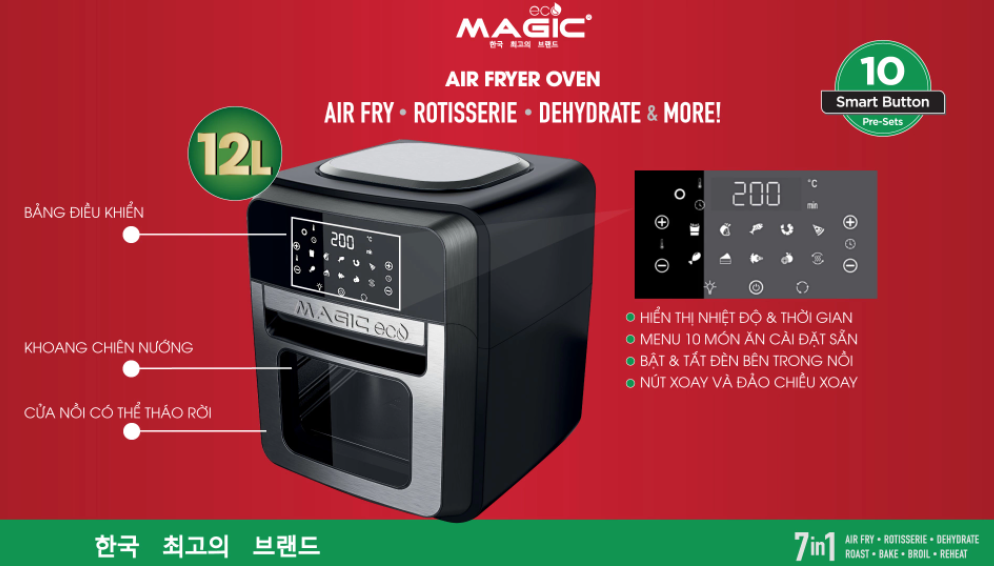 Nồi Chiên Không Dầu Kiêm Nướng MAGIC ECO M-12 10 Chương Chình Nấu Dung Tích 12L Công Suất 1800W - Hàng Chính Hãng