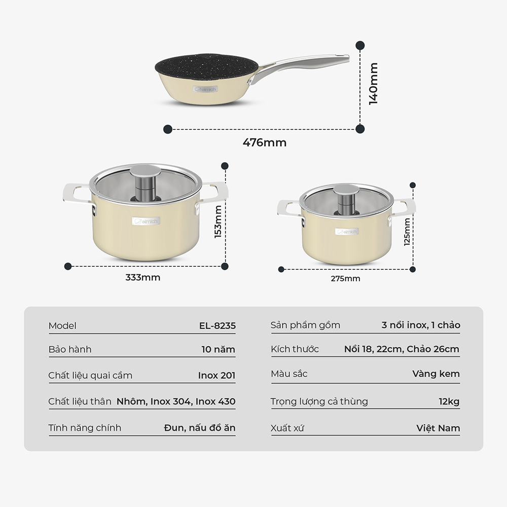 Bộ nồi Inox liền khối Elmich Hera EL-8235 size 18, 22 chảo 26cm