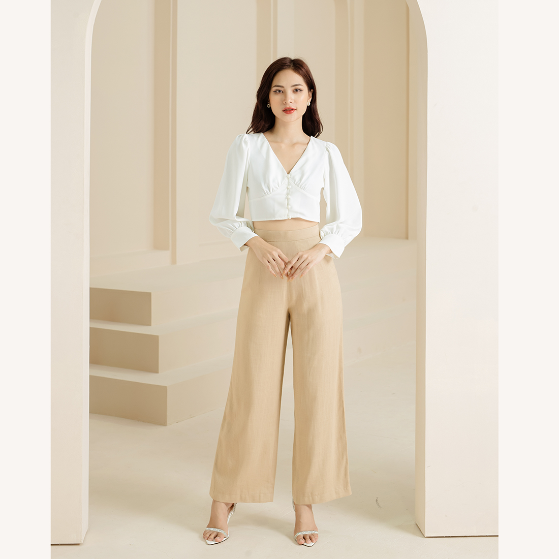 Quần công sở lưng cao ống suông linen thời trang Eden - Q021