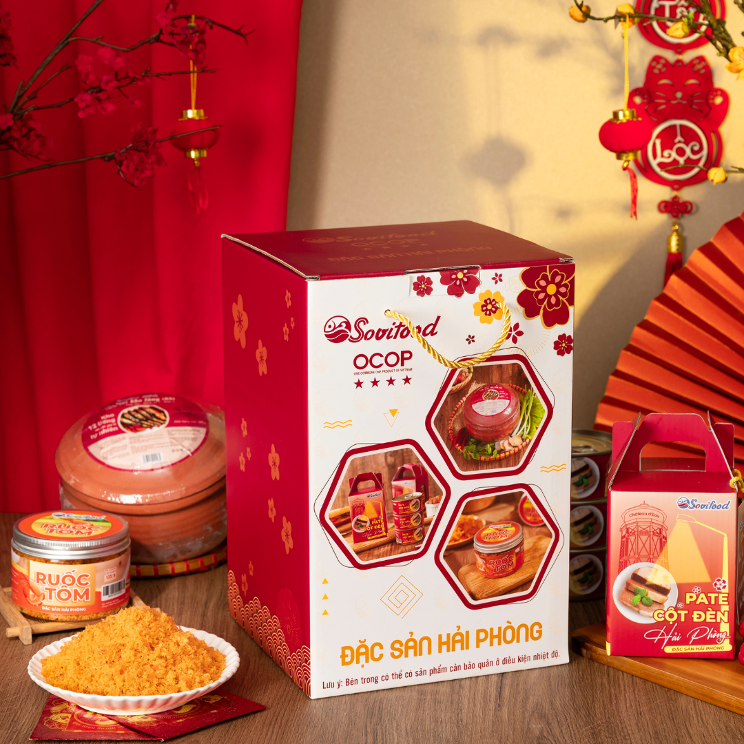 Hộp Quà Đặc Sản OCOP Hải Phòng Sovifood Cao Cấp – Cá Mòi Kho Niêu Đất 500G, Ruốc Tôm 200G, Pate Cột Đèn 570G – Quà Biếu Sang Trọng, Ý Nghĩa