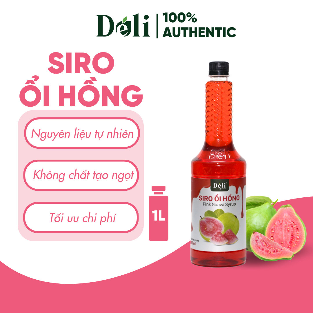 Siro Ổi Hồng Déli - 1 Lít - Đậm Đặc, Chuyên Dùng Pha Chế Trà Trái Cây, Soda