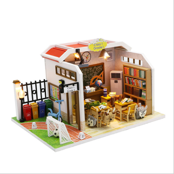 Mô hình nhà DIY Doll House Lớp học Class 1 Kèm Đèn LED và MICA chống bụi