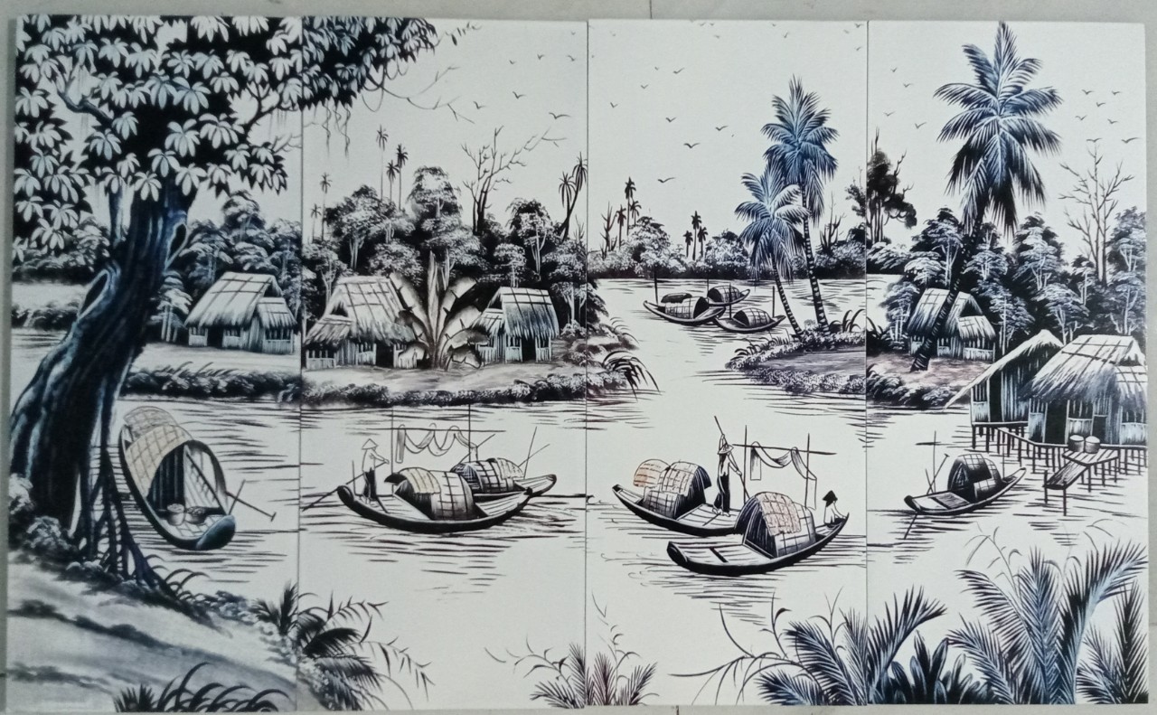 Tranh sơn mài đồng quê dát vàng bộ 4 tấm 60x120 cm hàng xuất khẩu