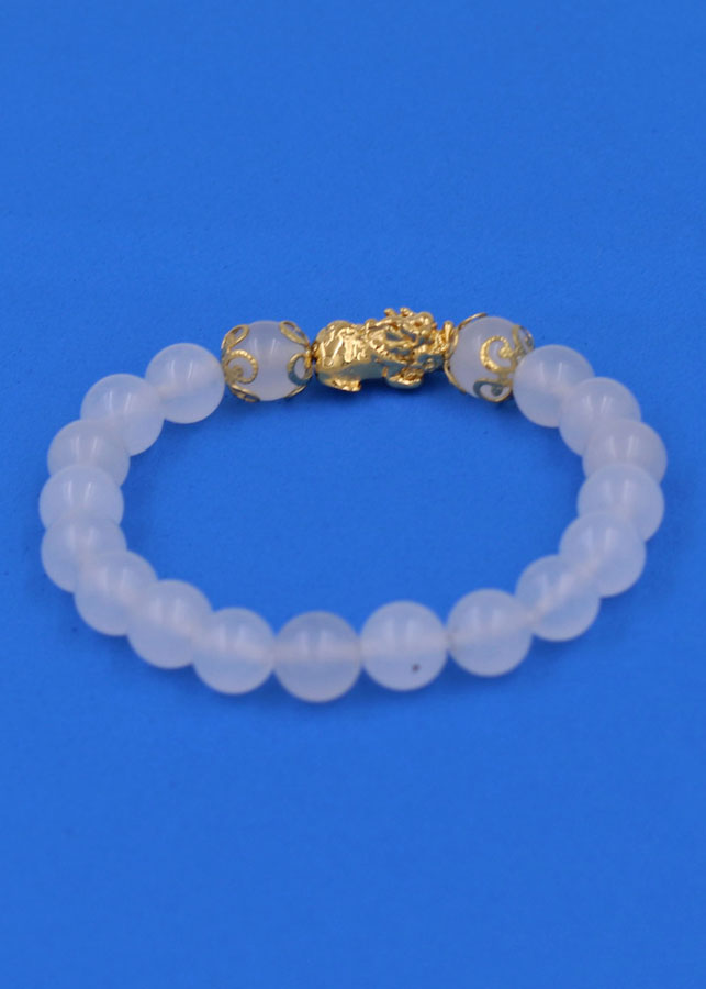 Chuỗi đeo tay Thạch Anh Trắng 8 ly - cẩn Tỳ Hưu Phong thủy inox vàng VTATTHHKV8 - hợp mệnh Kim, mệnh Thủy