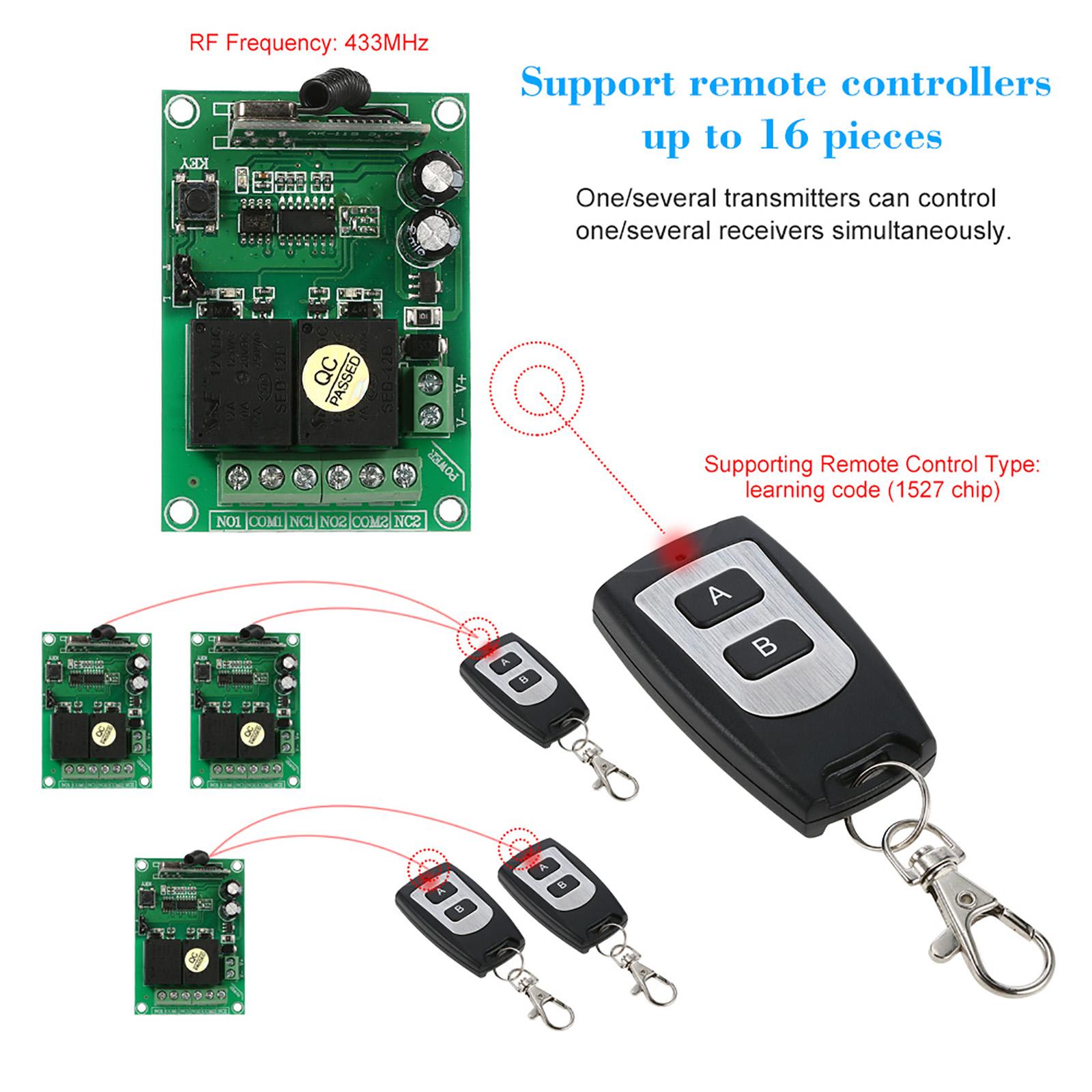 Smart Home 433Mhz RF DC 12V 2CH Learning Code Wireless Remote Control Switch Relay Receiver Transmitter Universal Remote Switch System and Long Range 50M RF Transmitter Remote Controls 1527