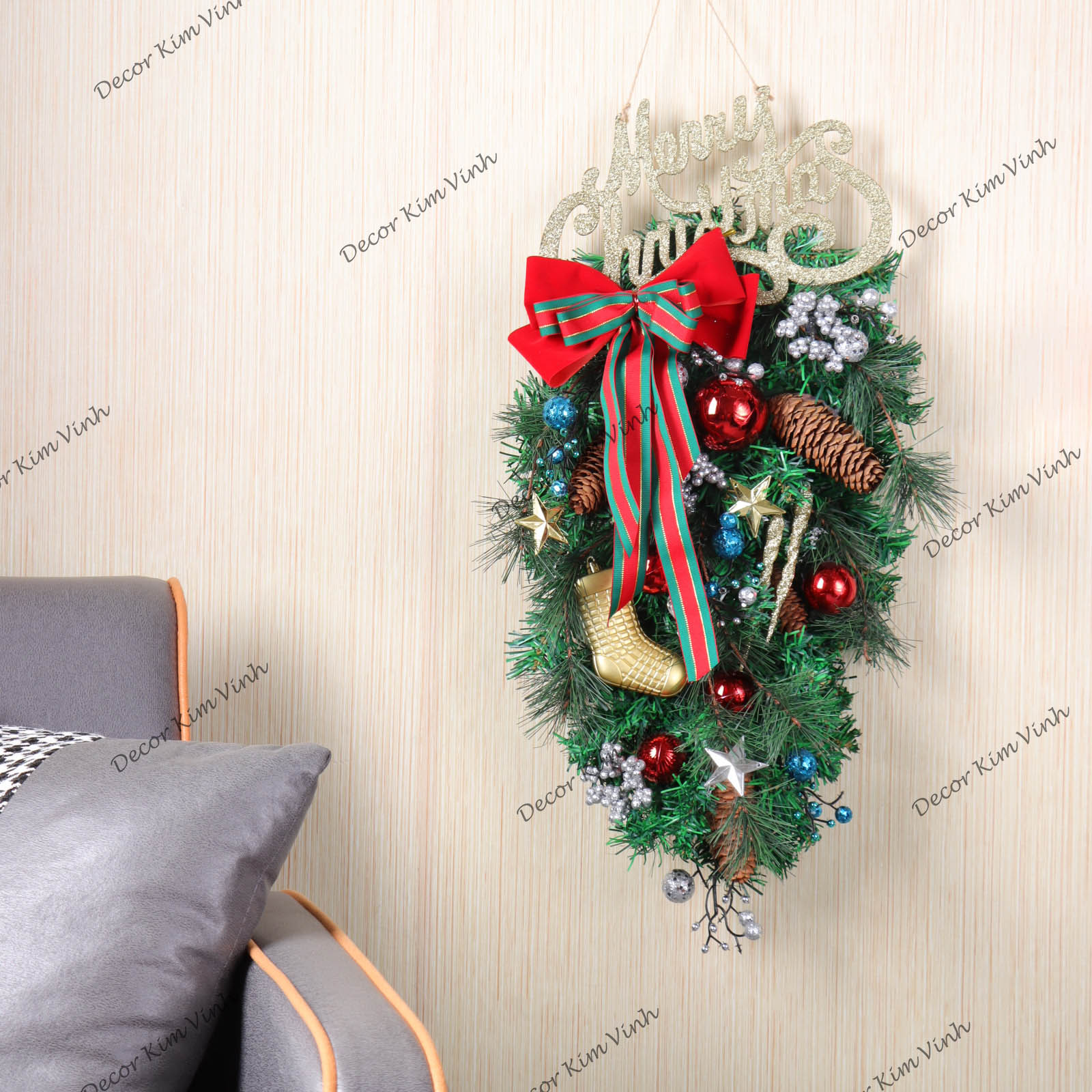 Dây Treo Chùm Thông CT08 Chùm Thông Merry Nơ Sọc Đỏ Trang Trí Noel Kèm đèn