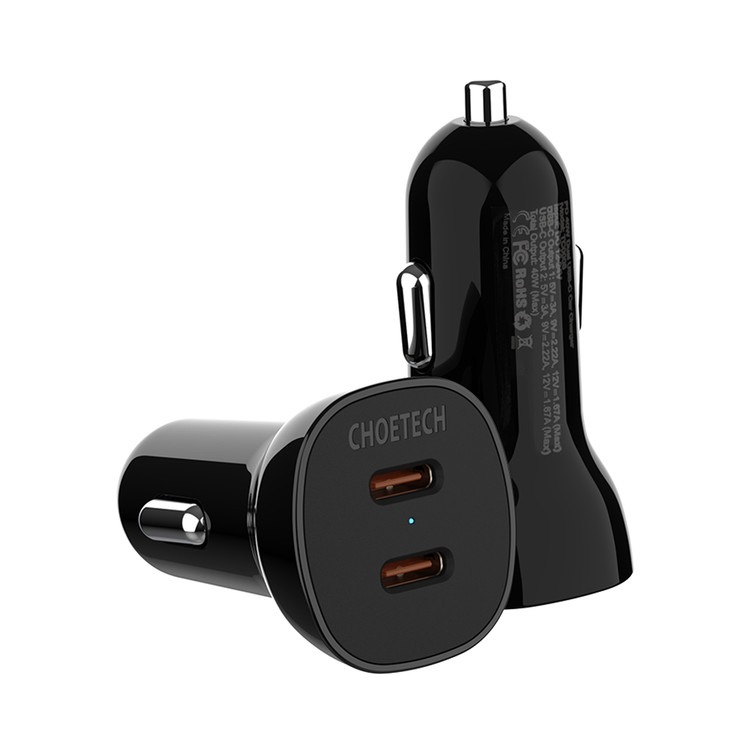 Tẩu Sạc Điện Thoại trên ô Tô TC0008-V2 Choetech 40W Dual Type-C Fast Car Charger - Hàng Chính Hãng