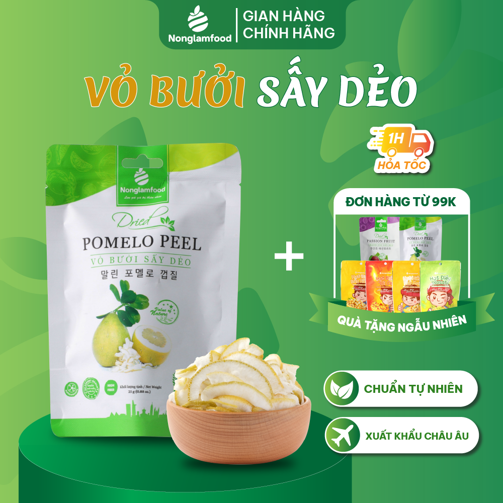 Vỏ bưởi sấy dẻo Nonglamfood túi 25g | Ăn vặt tốt cho sức khỏe | Healthy Snack | Ăn vặt văn phòng | Trái cây sấy dẻo dinh dưỡng ăn liền | Ăn vặt giảm cân & giữ dáng | Ăn vặt đẹp da