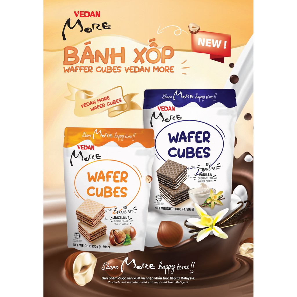 Bánh xốp Wafer Cubes hương hạt phỉ Vedan More 130g