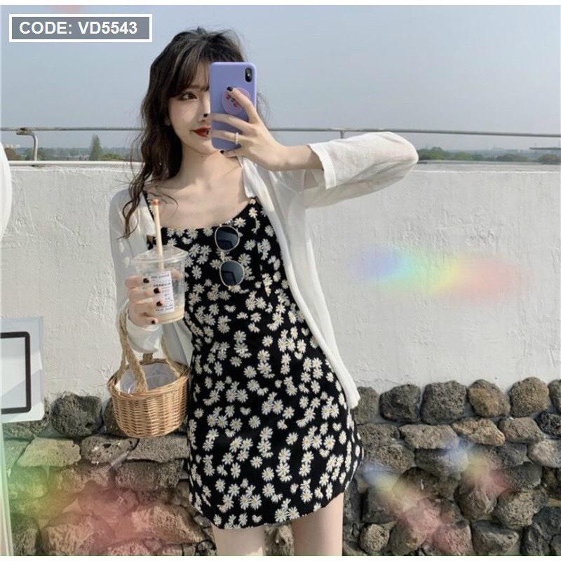 Set đầm 2 dây hoa đen kết hợp khoác trắng - VD5543