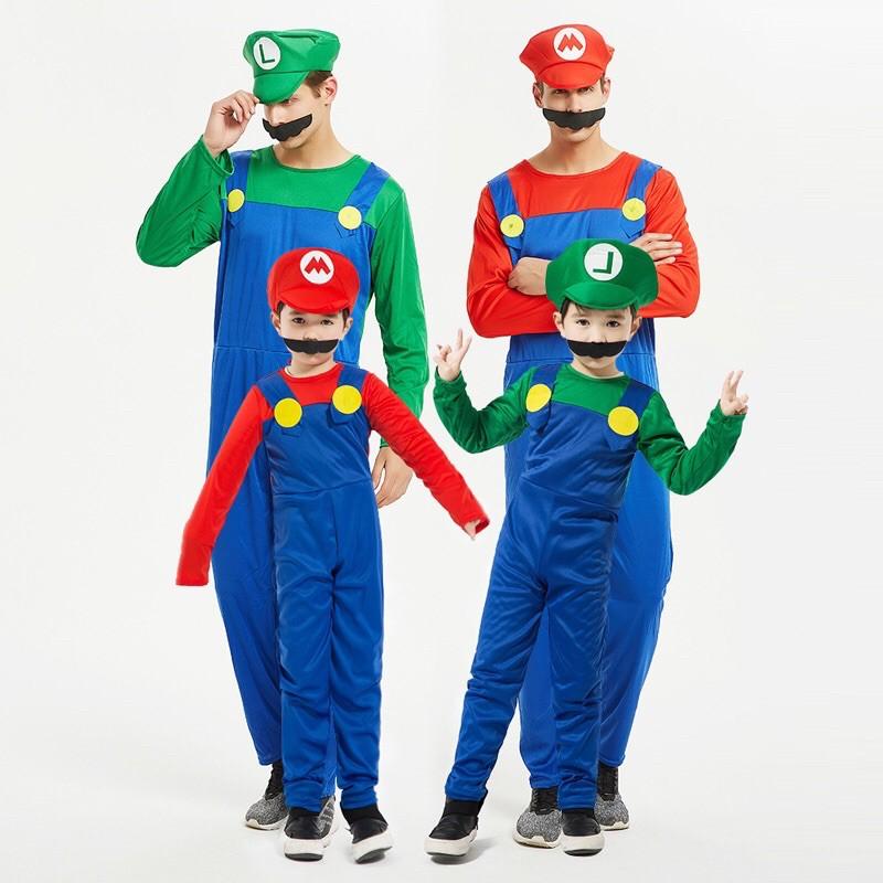 (Sẵn) Trang phục hoá trang Mario-Luichi kèm râu nón cho người lớn và trẻ em
