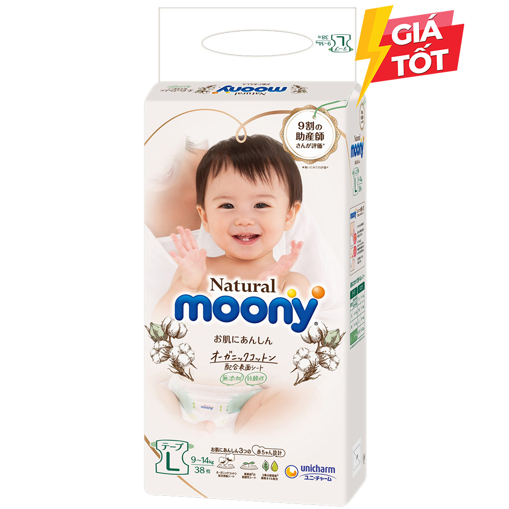 Bỉm - Tã dán Moony Natural size L 38 miếng